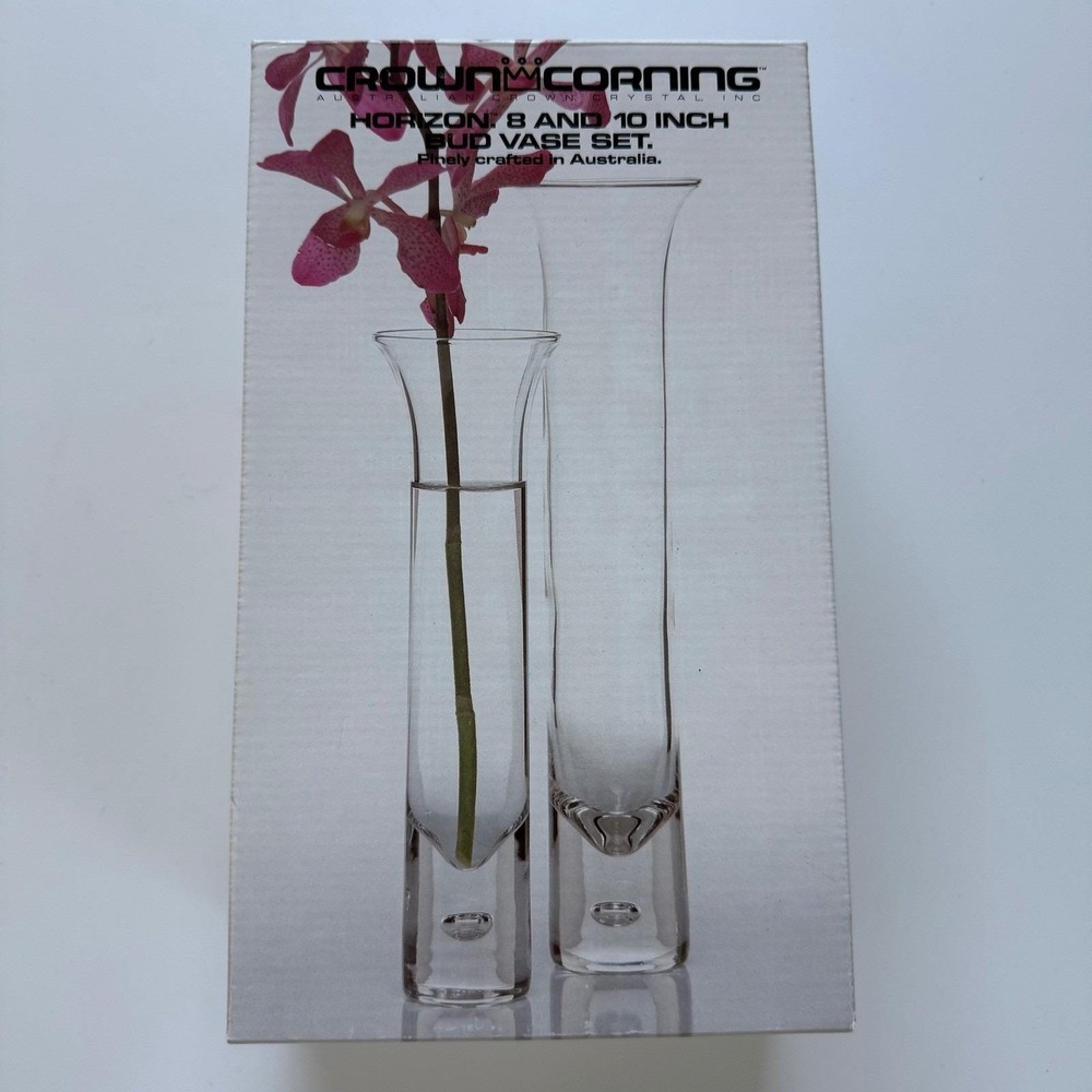 Crown Corning Horizon Bud Vase Set 8" & 10" Vintage Australian Crystal Glass-Box